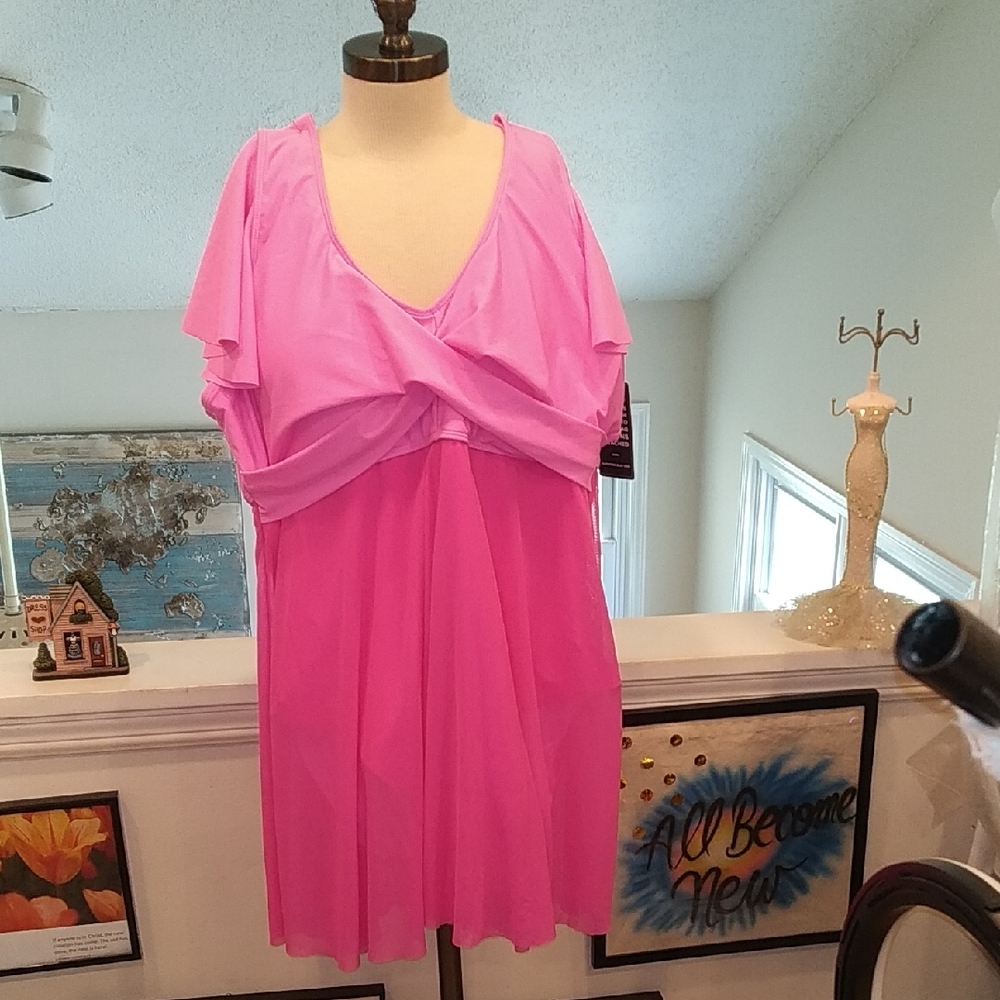 Bright Pink V-Neck Twist Front Dress Bathing Suit Swimsuit